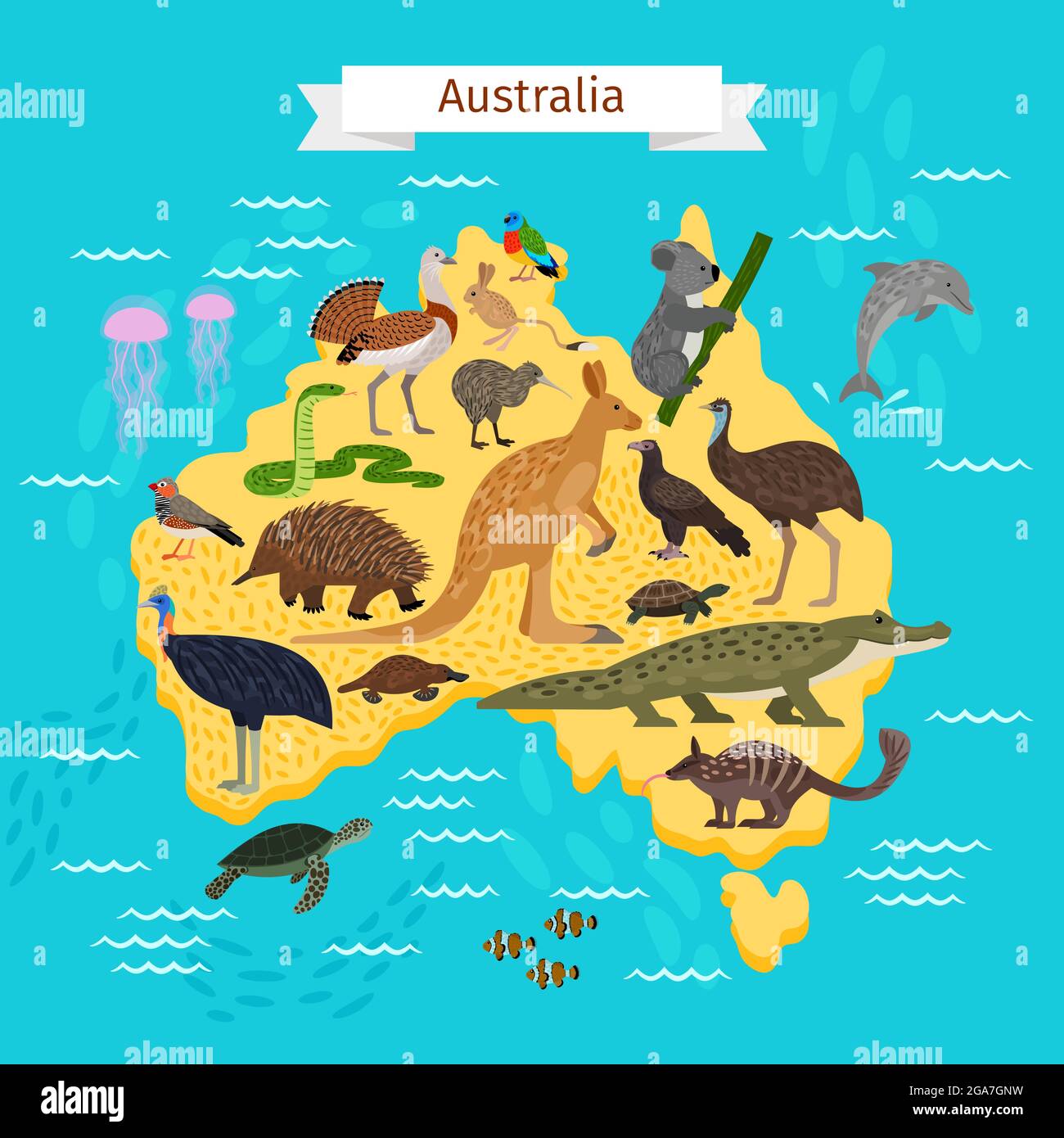 Australian animals and birds on the map Stock Vector