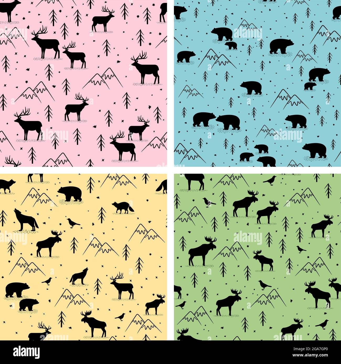 Four cute seamless patterns with wild animals Stock Vector