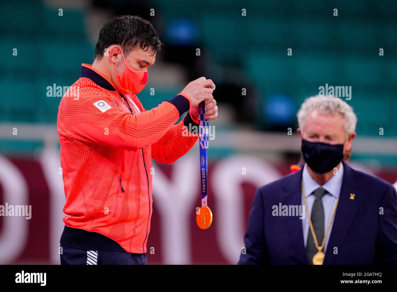 TOKYO, JAPAN - JULY 29: Aaron Wolf of Japan posing with the gold medal during the Medal Ceremony of Judo during the Tokyo 2020 Olympic Games at the Nippon Budokan on July 29, 2021 in Tokyo, Japan (Photo by Yannick Verhoeven/Orange Pictures) Stock Photo