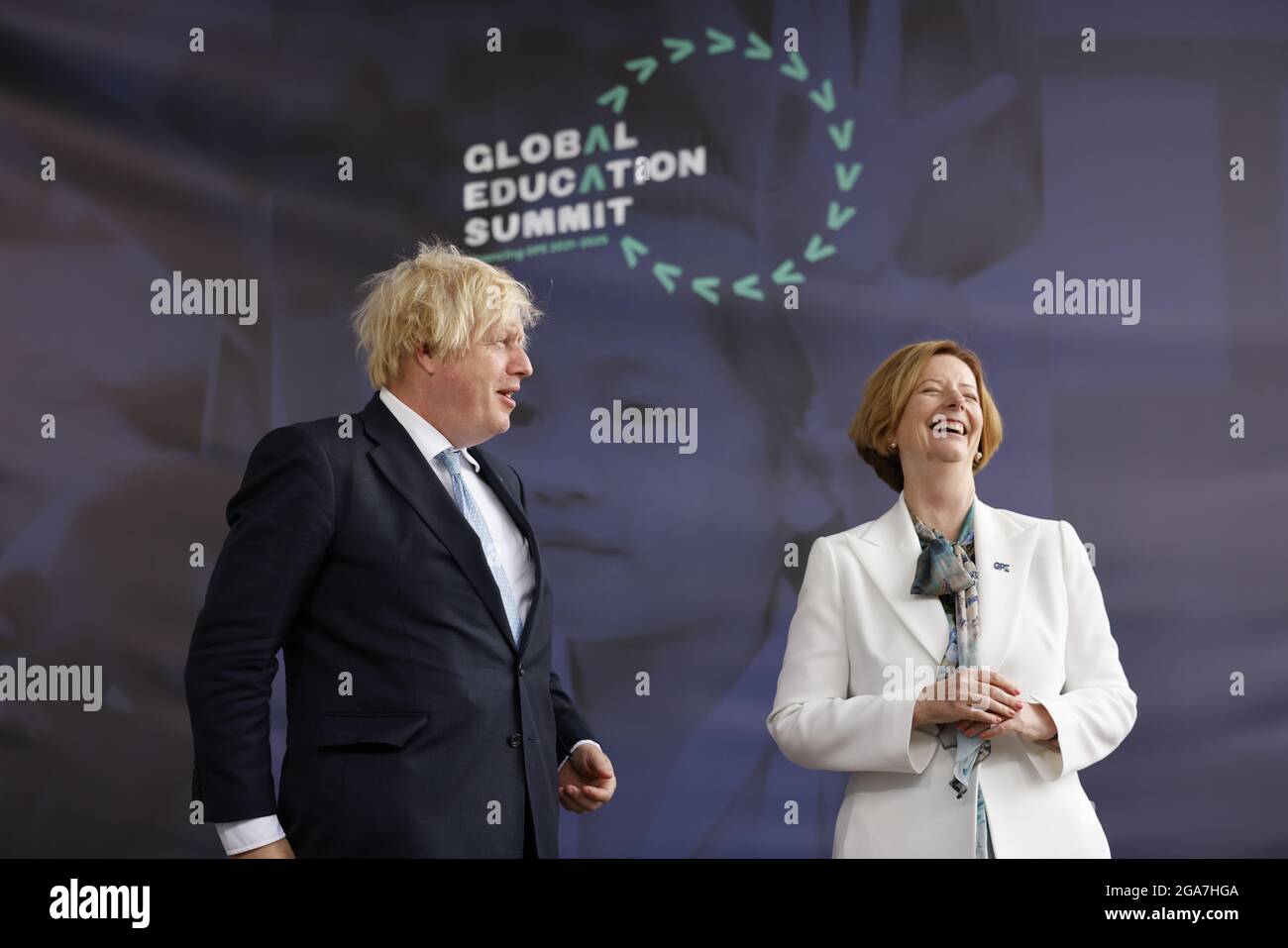 Prime Minister Boris Johnson alongside former PM of Australia Julia Gillard during a London-based summit to raise funds for the Global Partnership for Education (GPE). Picture date: Thursday July 29, 2021. Stock Photo