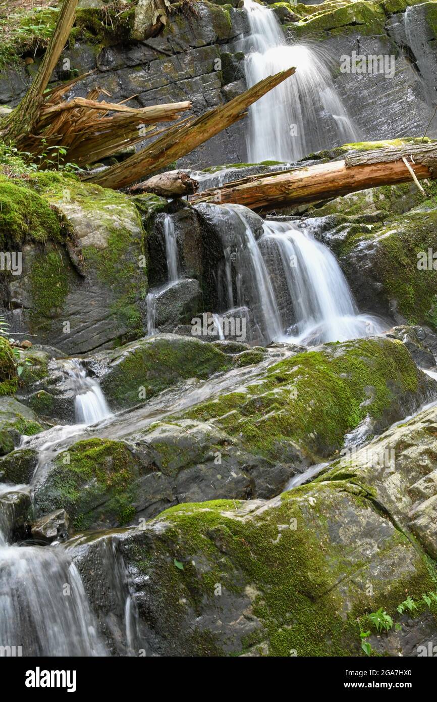 Adirondack mountains waterfall - New York State waterfalls - Adirondack State Park hiking Sacandaga River / Sacandaga Lake mossy rocks in mountains Stock Photo