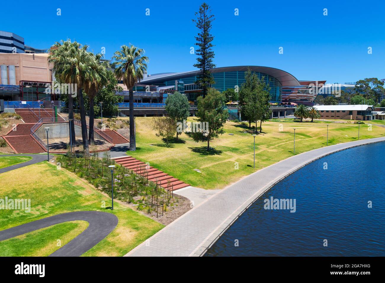 River Torrens south bank at western Adelaide, South Australia, quite spacious with lawns and trees. Stock Photo