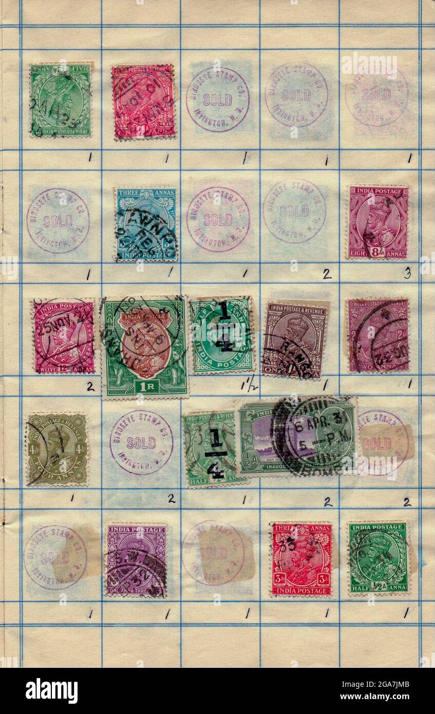 A collection of old postage and revenue stamps from India Anchal post was the early postal service started in the kingdom of Travancore and Cochin before Independence of India Philately is the study of postage stamps and postal history. Stock Photo