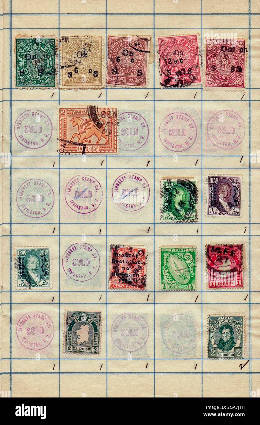 Old stamps from India, Iraq and Ireland Philately is the study of postage stamps and postal history. Stock Photo