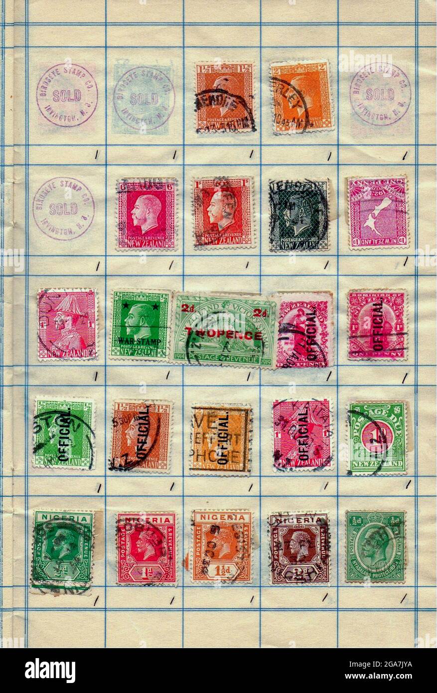 A collection of old stamps from New Zealand Philately is the study of postage stamps and postal history. Stock Photo