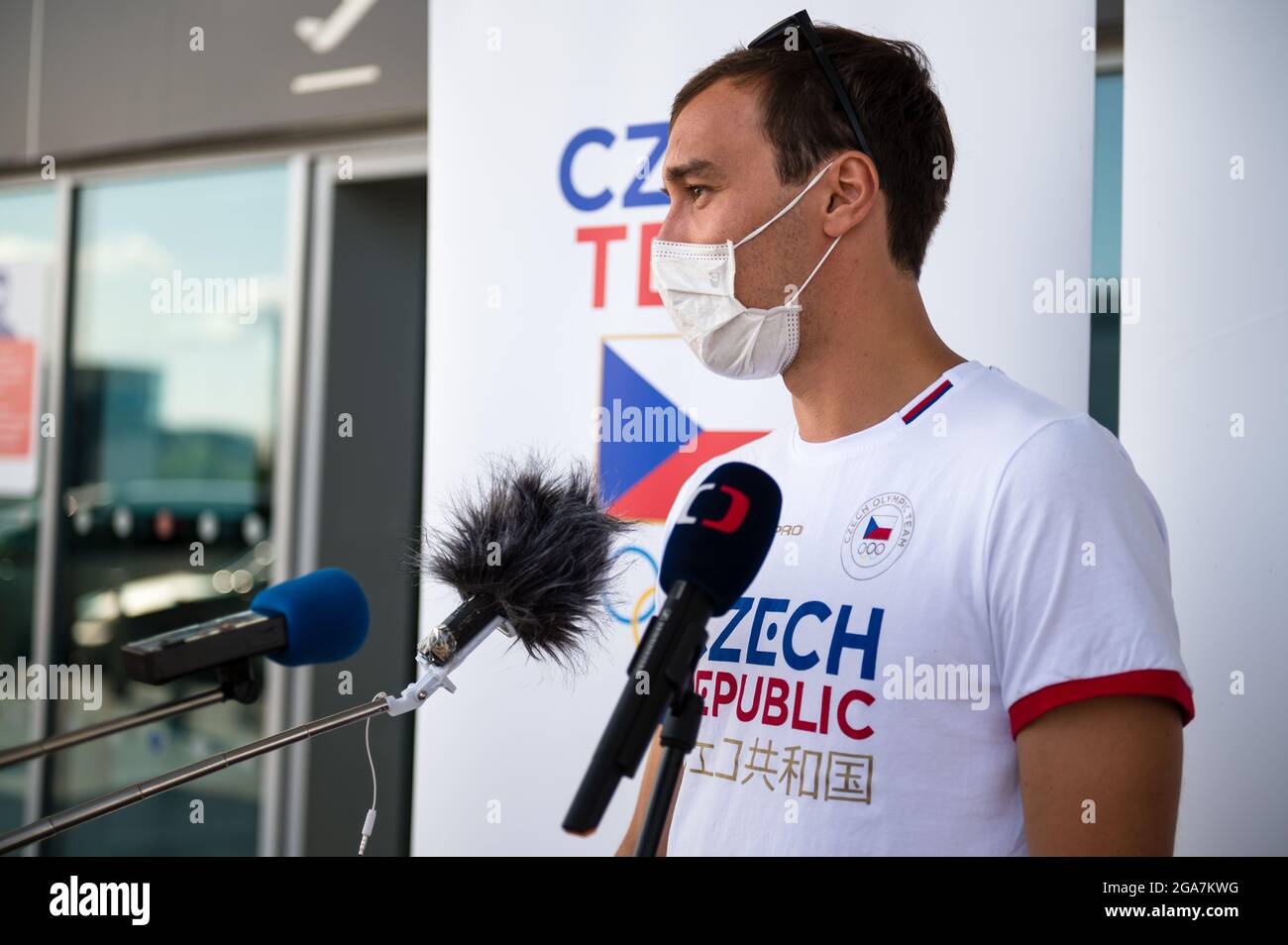Czech modern pentathlete Jan Kuf speaks to journalists before departure