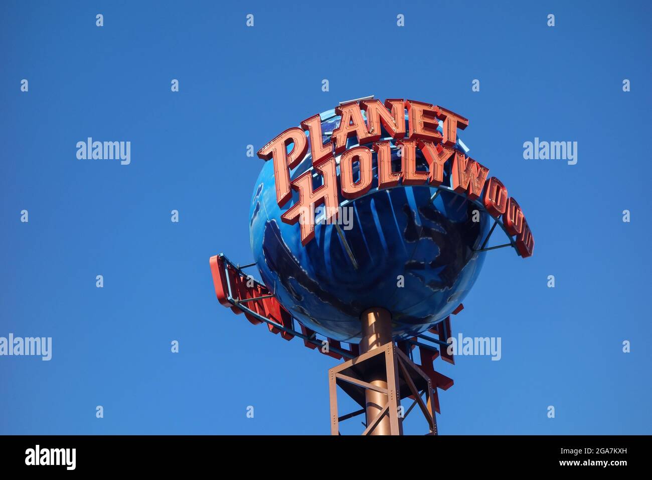 Close Up Planet Hollywood Sign in Orlando, Florida, in Summer Stock Photo