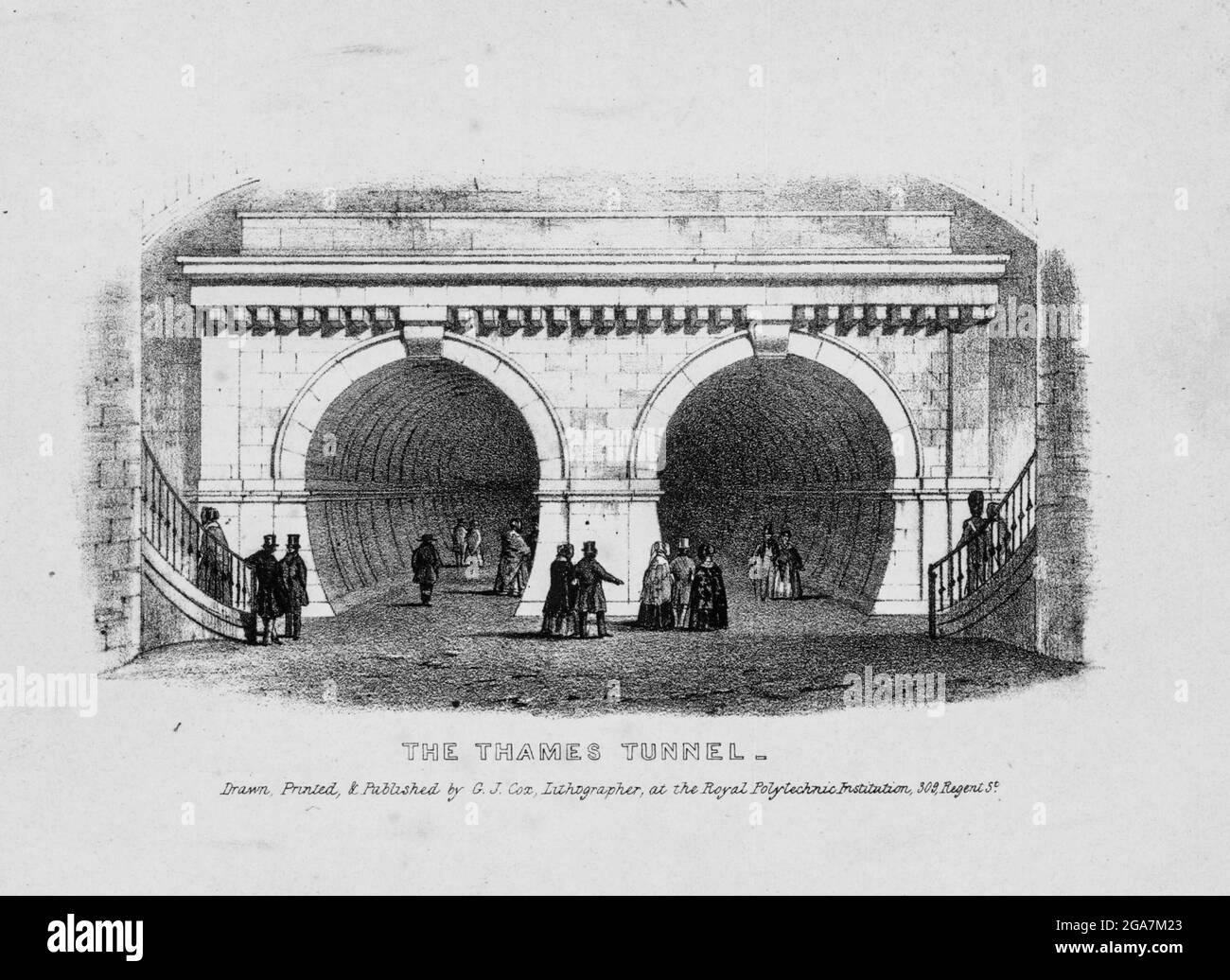 The Thames Tunnel is a tunnel beneath the River Thames in London, connecting Rotherhithe and Wapping. It measures 35 feet (11 m) wide by 20 feet (6 m) high and is 1,300 feet (396 m) long, running at a depth of 75 feet (23 m) below the river surface measured at high tide. It is the first tunnel known to have been constructed successfully underneath a navigable river and was built between 1825 and 1843 by Marc Brunel and his son Isambard using the tunnelling shield newly invented by the elder Brunel and Thomas Cochrane. The tunnel was originally designed for horse-drawn carriages, but was mainly Stock Photo