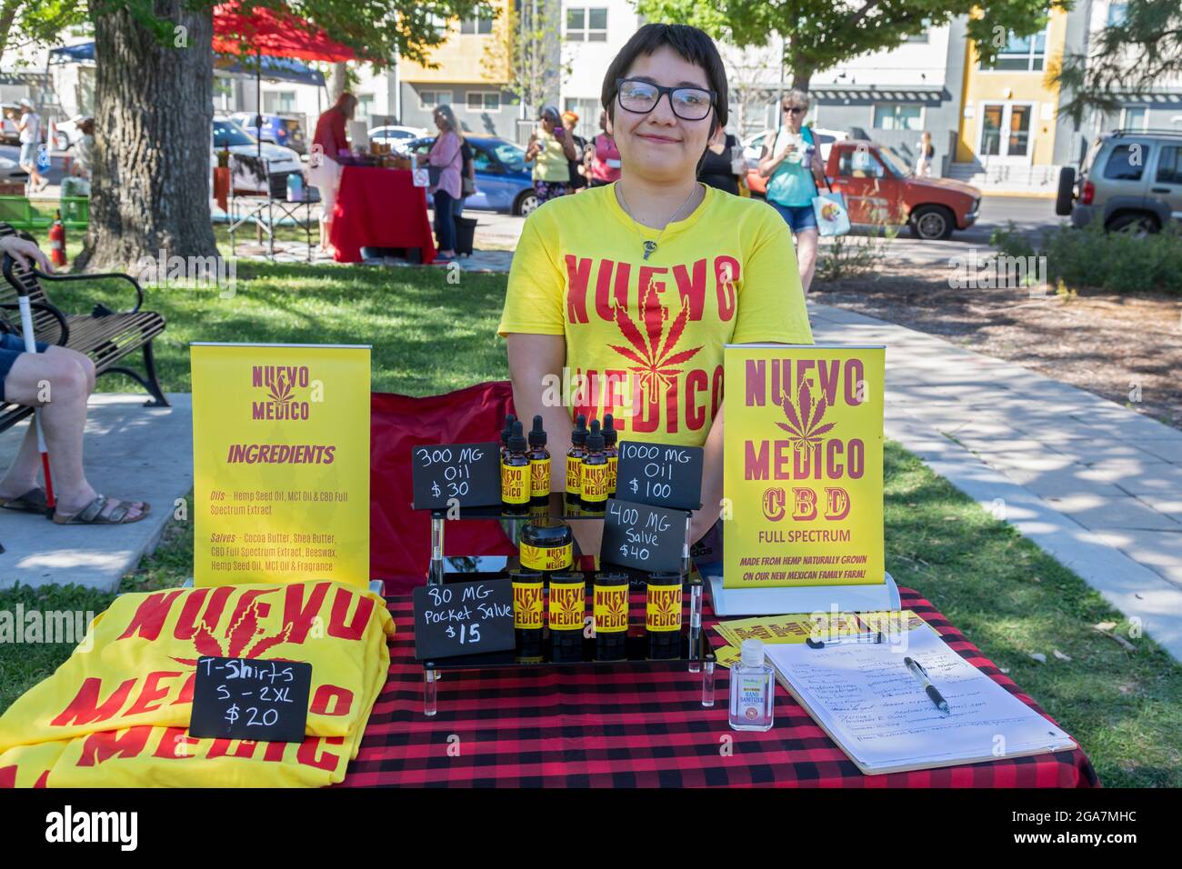 Albuquerque, New Mexico - The Downtown Growers' Market, held Saturdays in Robinson Park. CBD products made from hemp grown on a local farm are on sale Stock Photo
