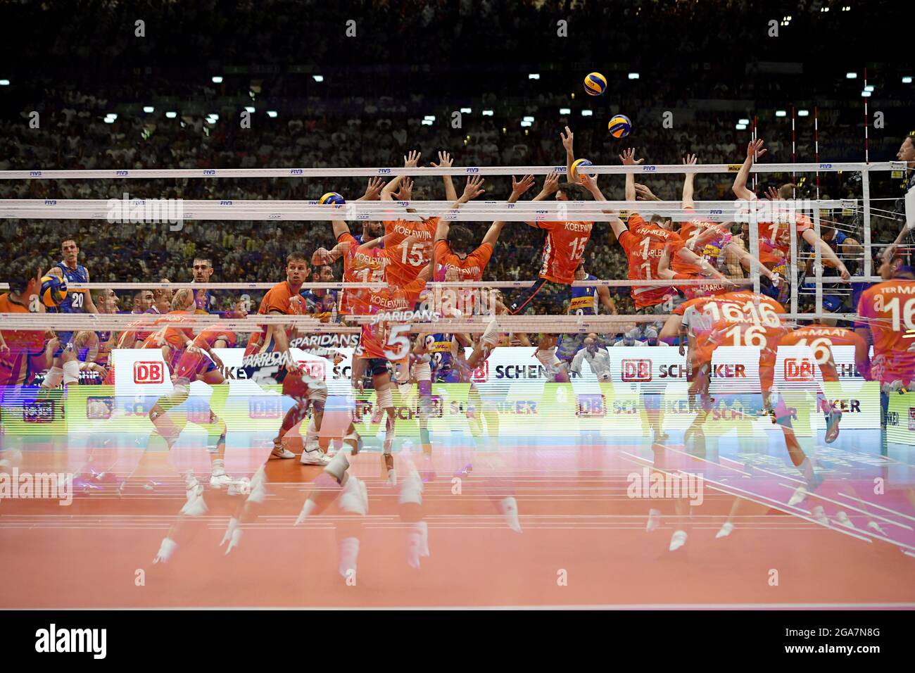 Multiple exposure of Volleyball Men's World Championship 2018, Italy vs Netherlands, at the Forum indoor arena, in Milan. Stock Photo