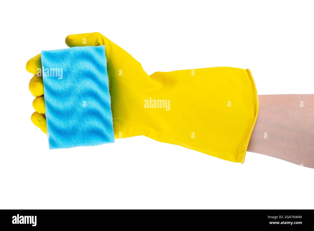 Cleaning concept - hand in a yellow rubber glove holds a blue sponge ...