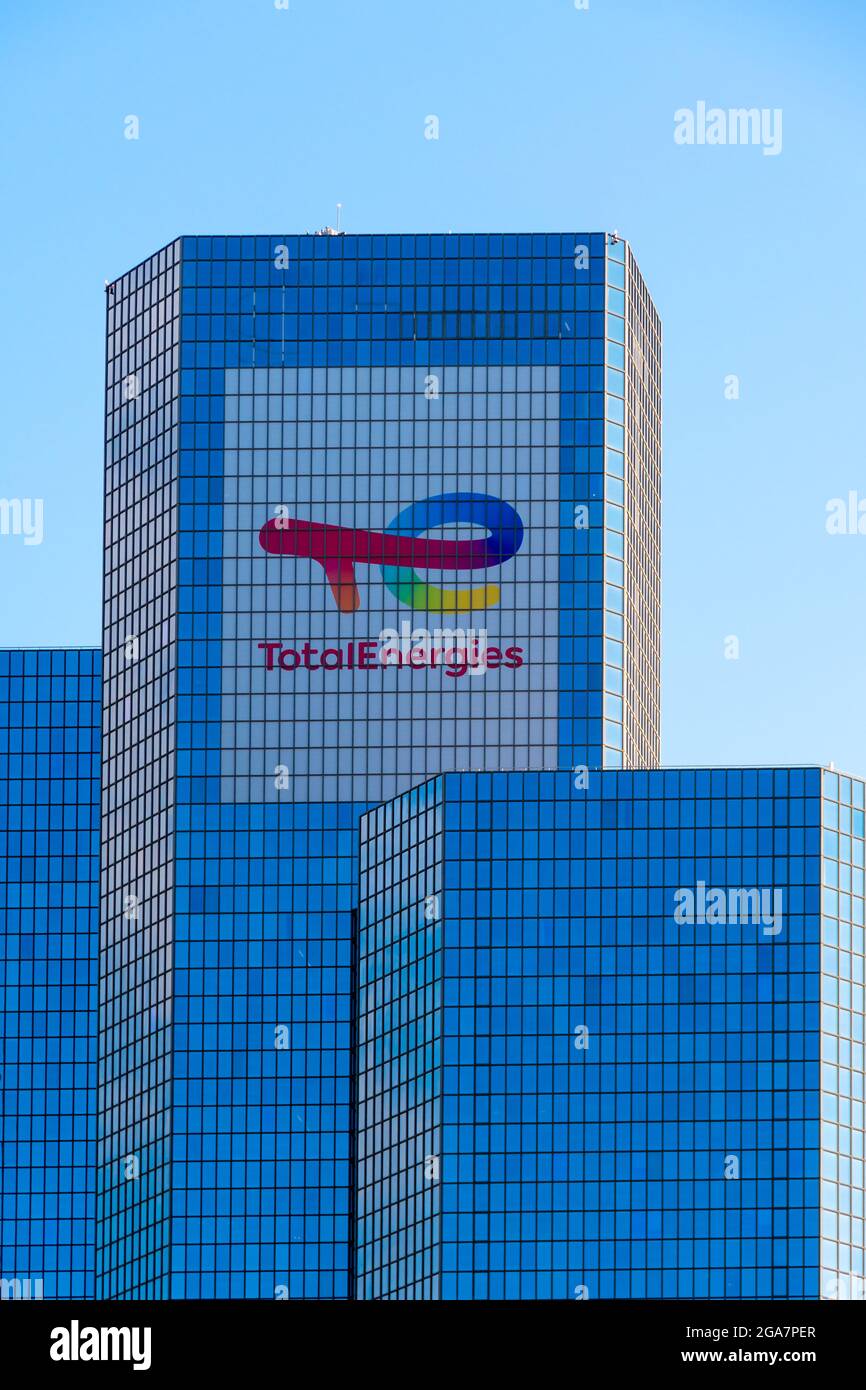 Exterior view of the tower housing the headquarters of the oil company TotalEnergies, formerly