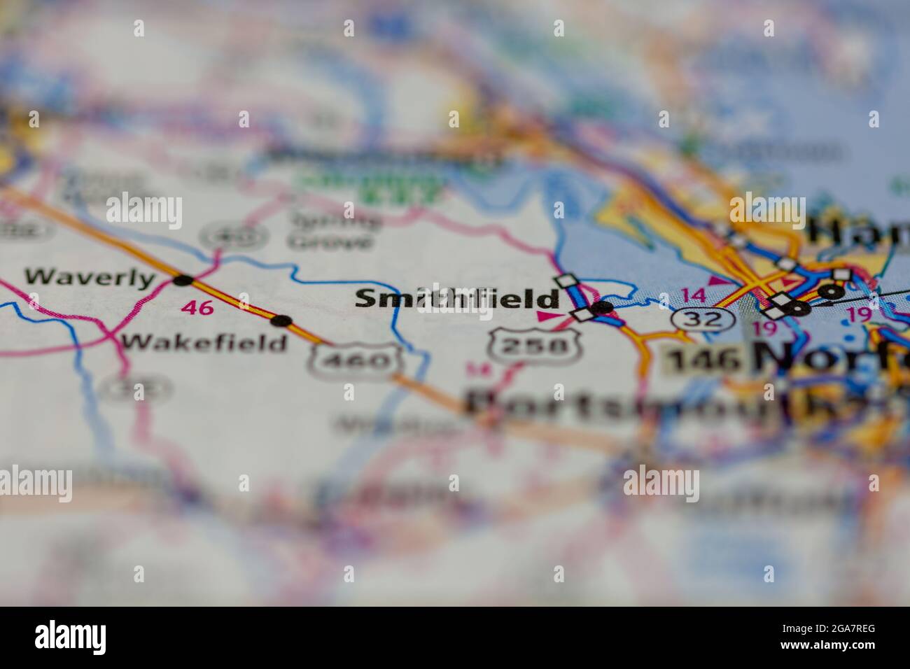 Smithfield Virginia shown on a road map or Geography map Stock Photo 