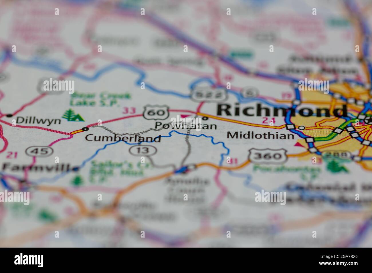 Powhatan Virginia shown on a road map or Geography map Stock Photo Alamy