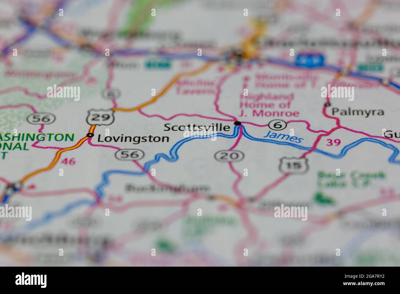 Scottsville Virginia shown on a road map or Geography map Stock Photo