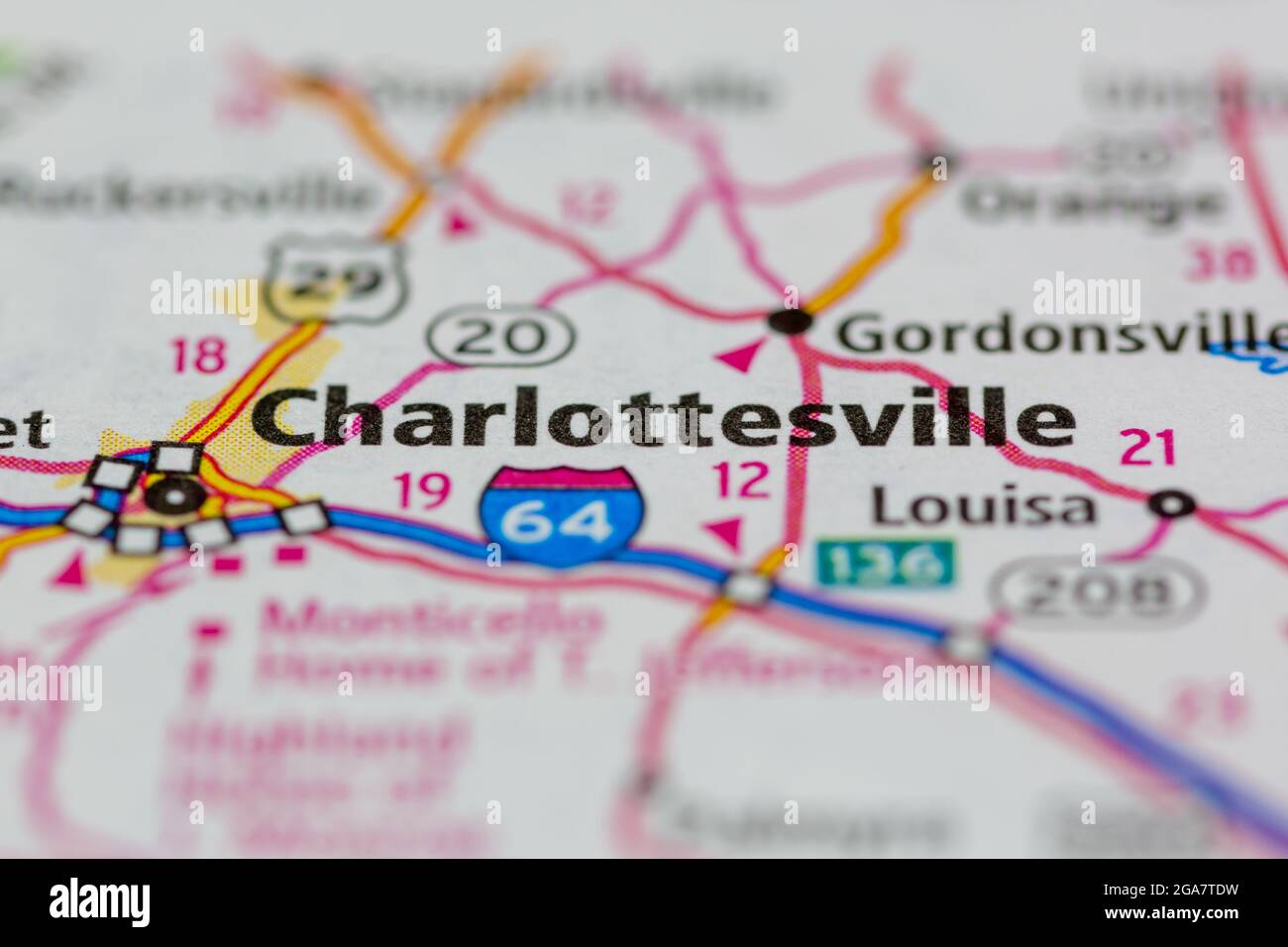 Charlottesville Virginia Shown On A Road Map Or Geography Map 2GA7TDW 