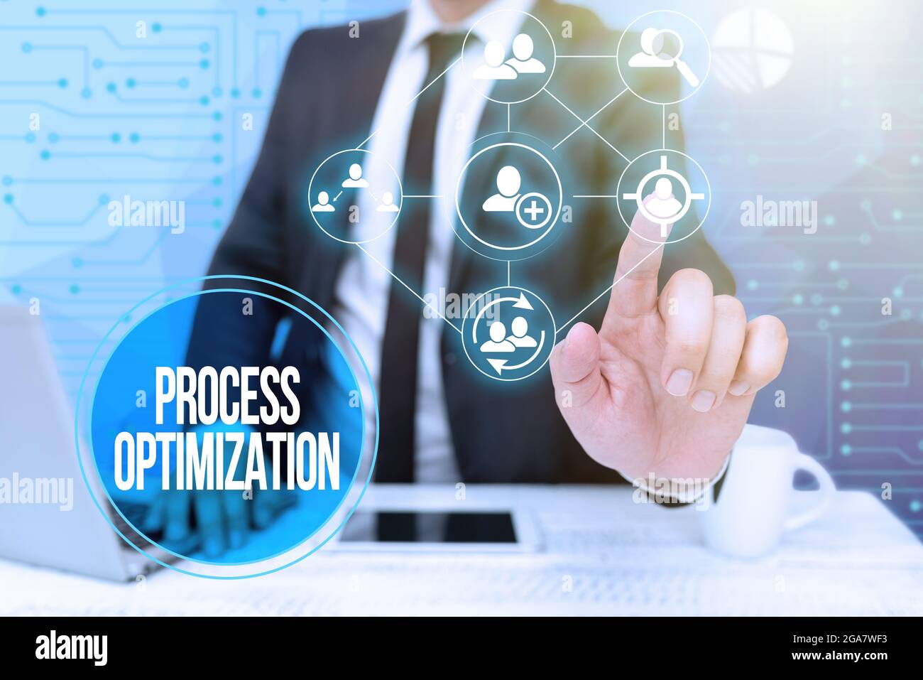 Conceptual Caption Process Optimization Business Showcase Improves The Processes And Takes Them To A High Level Bussiness Man Sitting Desk Laptop And Stock Photo Alamy