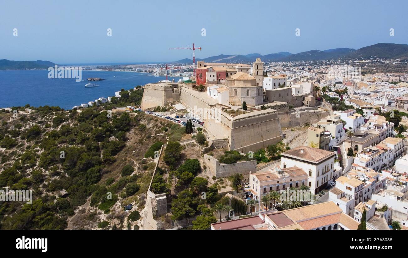 Aerial view of Dalt Vila, the walled city of Eivissa on Ibiza island, Spain - Santa María Cathedral overlooking the Mediterranean Sea Stock Photo