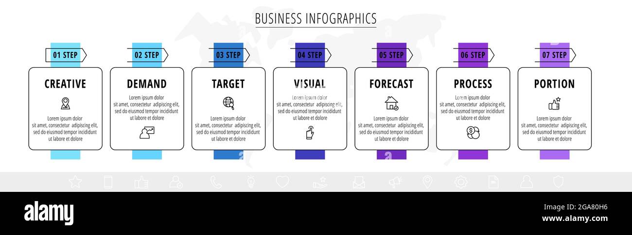 Vector line infographics with seven rectangles and arrows. Flat chart ...