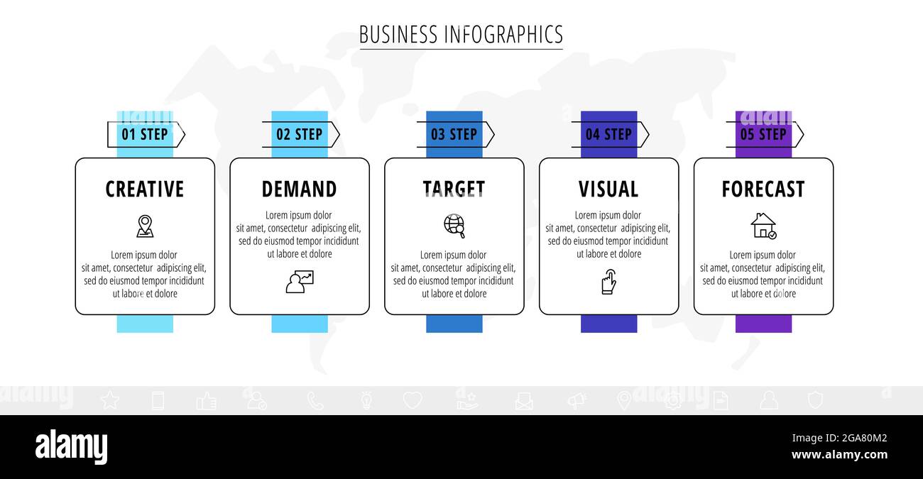 Vector line infographics with five rectangles and arrows. Flat chart ...