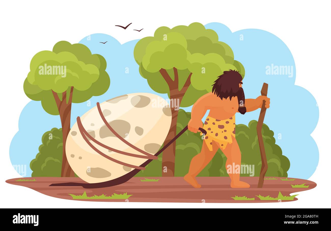 Primitive man with prehistoric dinosaur egg vector illustration. Cartoon stone age hungry hunter, caveman character dragging, hunting dino egg, prehistory ancient jurassic era scene isolated on white Stock Vector