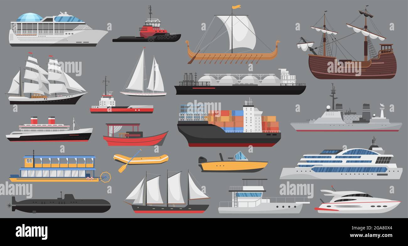 Ship set, sea ocean transport vector illustration. Cartoon ship collection with vessel boat, sailboat yacht, cruise liner, marine cargo freight delivery with containers isolated on grey background Stock Vector
