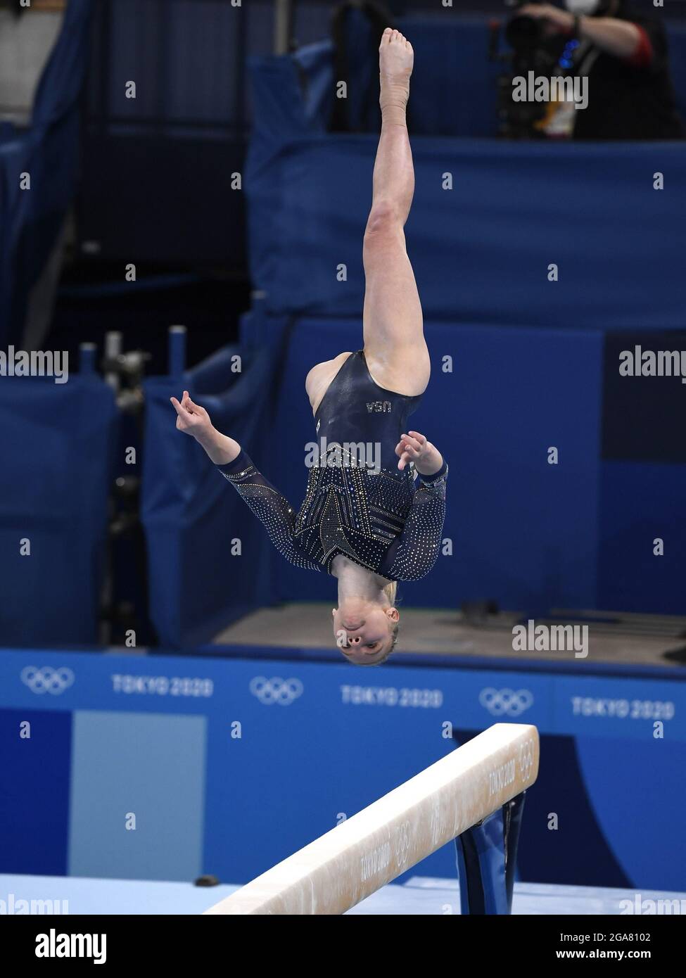 Tokyo, Japan. 29th July, 2021. Jade Carey of the United States performs her routine on the balance beam during the Women's All-Around Gymnastics Final competition at the Tokyo 2020 Olympics, Thursday, July 29, 2021, in Tokyo, Japan. Photo by Mike Theiler/UPI Credit: UPI/Alamy Live News Stock Photo