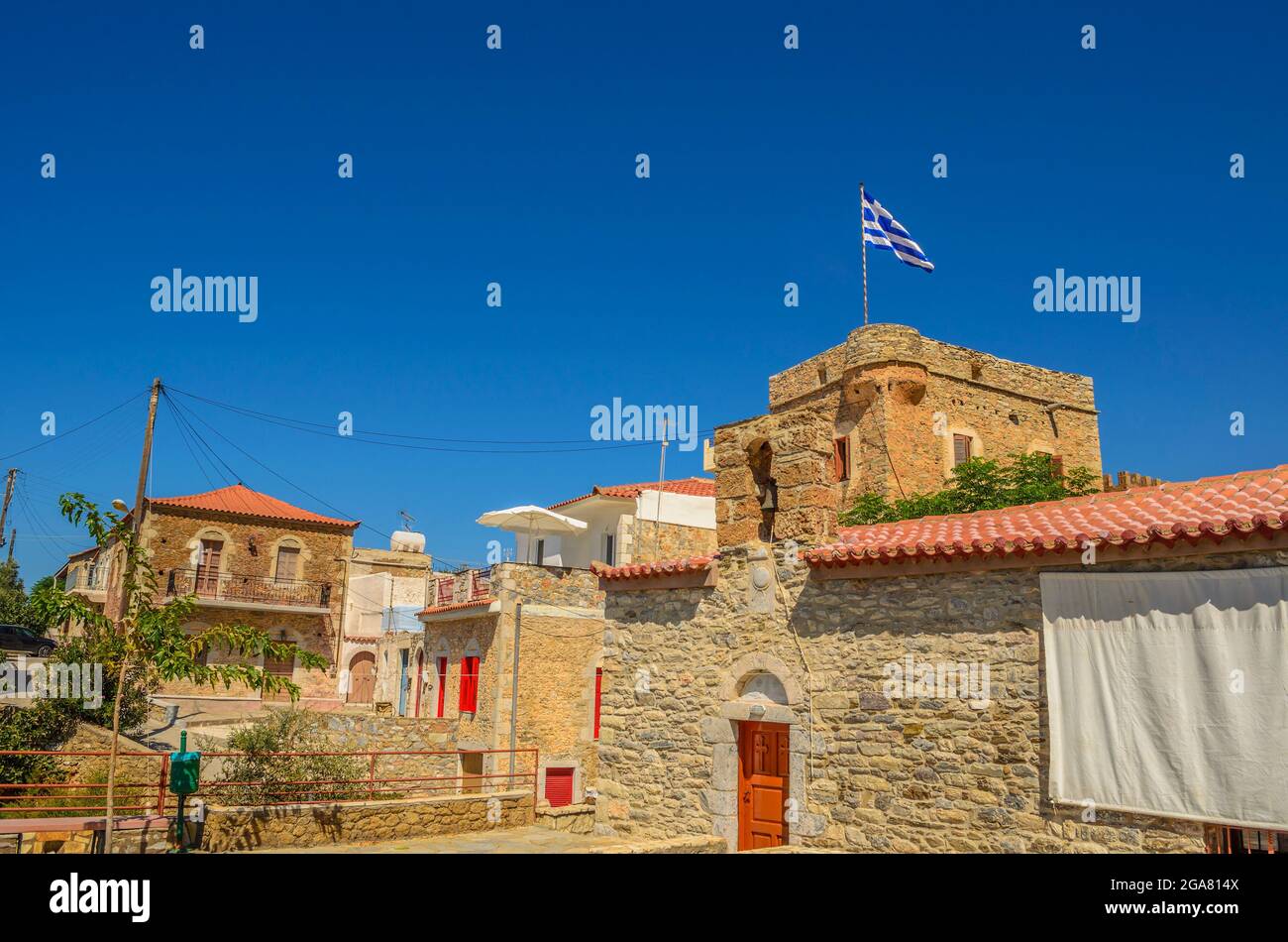 The seaside village of Trahila. Its a small coastal village and a community in the municipal unit of west Mani near Agios Dimitrios village in Messeni Stock Photo