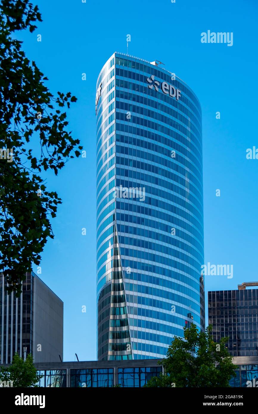 Exterior view of the EDF headquarters in Paris-La Defense. EDF (Electricité de France) is the historical supplier of French electricity Stock Photo
