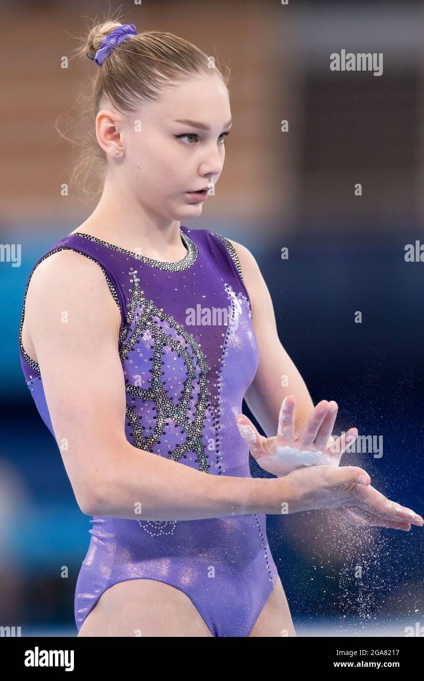 July 25, 2021: Vladislava Urazova of Russian Olympic Committee (ROC) chalks  up for her beam routine during the Tokyo 2020 Olympic Games Women's  Qualification at the Ariake Gymnastics Centre in Tokyo, Japan.