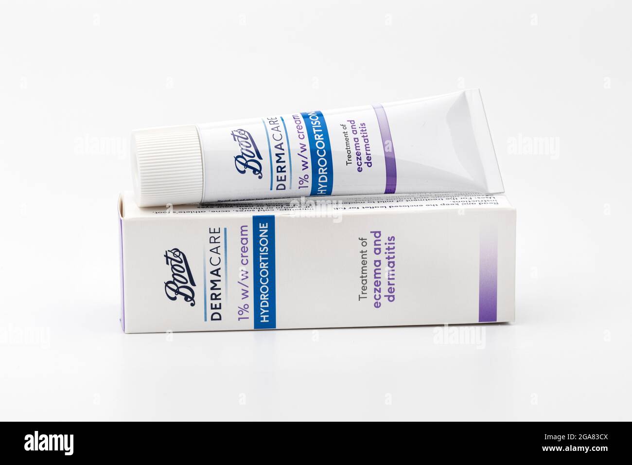 A packet and tube of boots Dermacare Stock Photo - Alamy