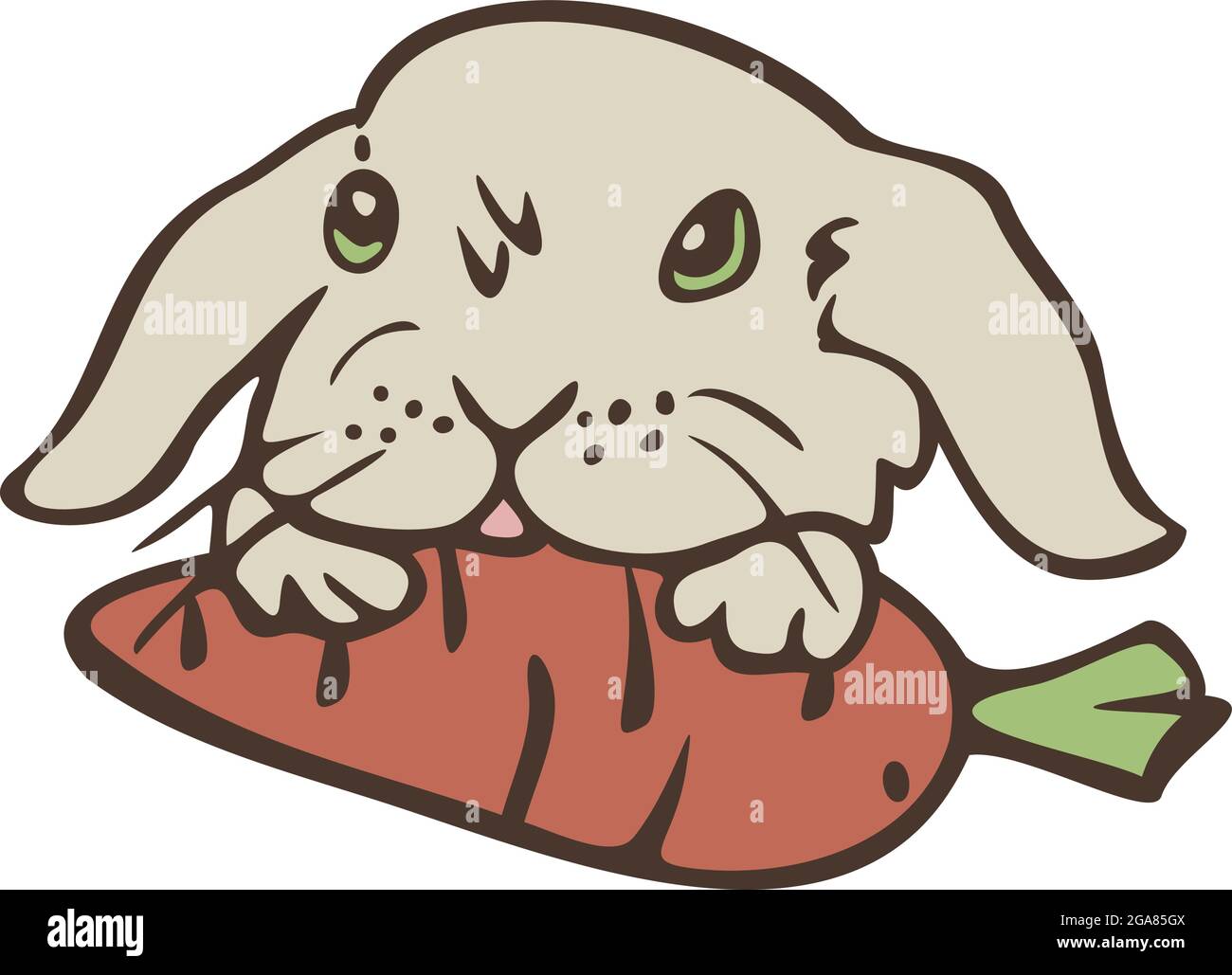 Vector illustration of little rabbit with carrot in his paws. Design with cute bunny for sticker, postcard, children books. Stock Vector