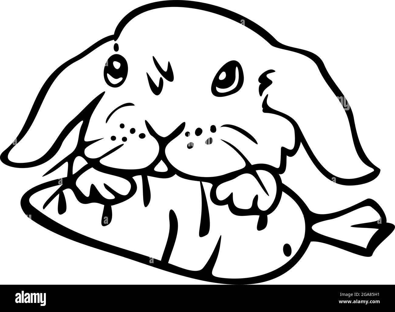 Vector illustration of cute little bunny with carrot in his paws. Design for coloring book. Stock Vector