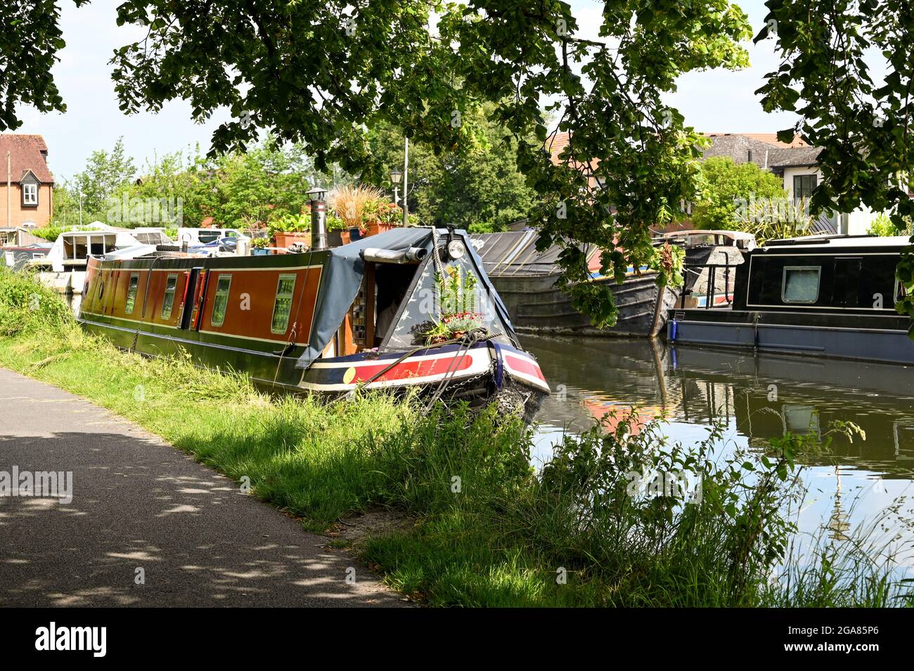 Newbury, Berkshire, England June 2021 Houseboat moored on the