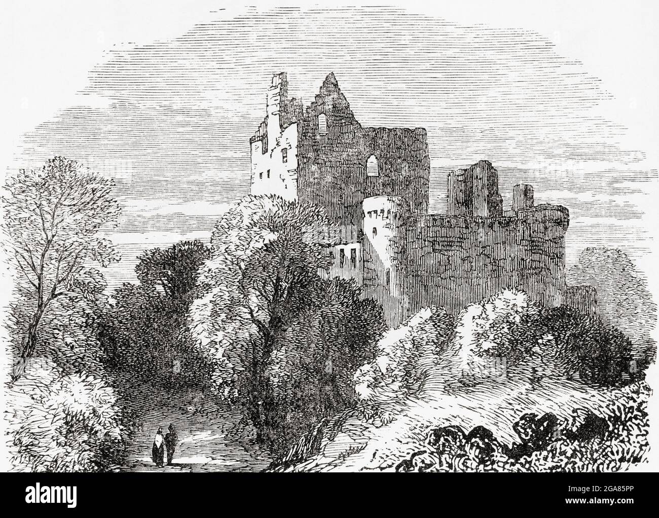 Craigmillar Castle, Edinburgh, Scotland, seen here in the 19th century. Mary Queen of Scots convalesced here following an illness after the birth of her son in 1566.  From Picturesque Scotland Its Romantic Scenes and Historical Associations, published c.1890. Stock Photo