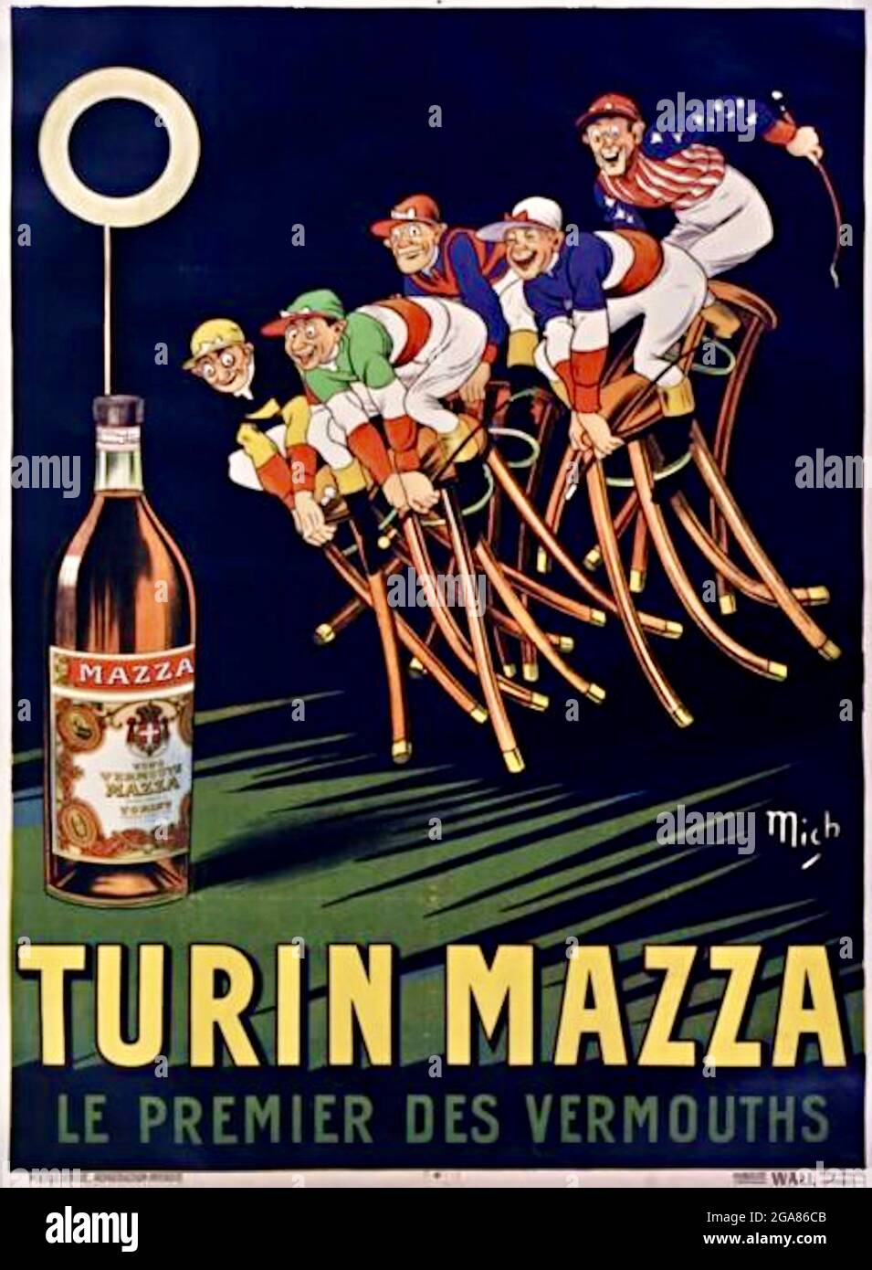 Advertising poster for Turin Mazza Vermouth, by Mich otherwise known as Jean -Marie-Michel Liébaux. Bar stool jockeys race fro a bottle of Turin Mazza  Stock Photo - Alamy