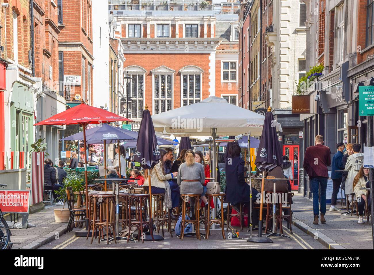 Outdoor street seating at a restaurant in Soho. London, United Kingdom April 2021. Stock Photo