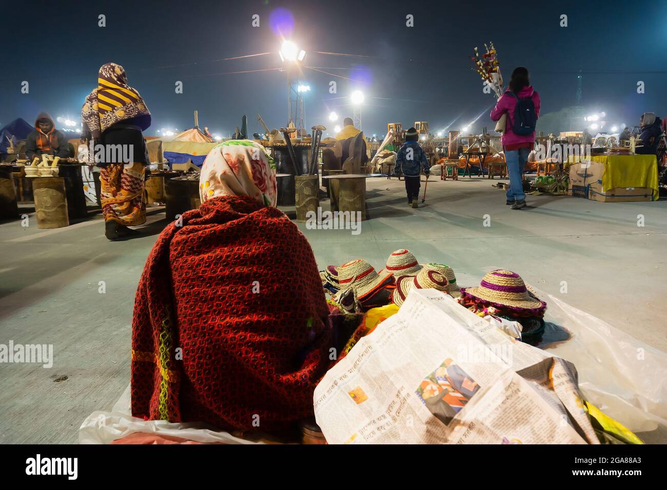 Kolkata, West Bengal, India - 31st December 2018 : Handicraft products being sold at night at hastashilpomela or handicrafts fair at Kolkata. Stock Photo