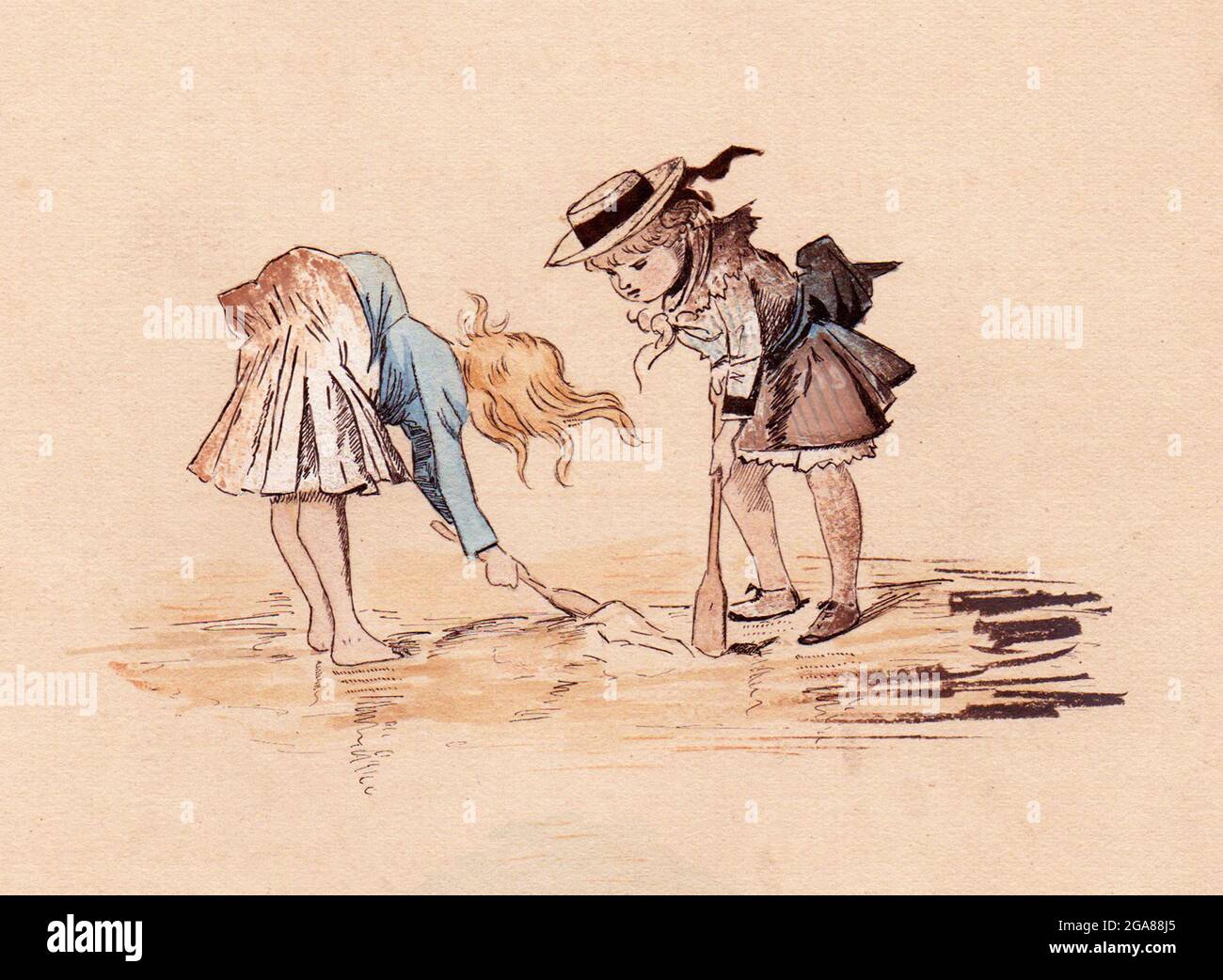 Hand painted illustration of children on the beach by an unknown artist, Victorian period Stock Photo