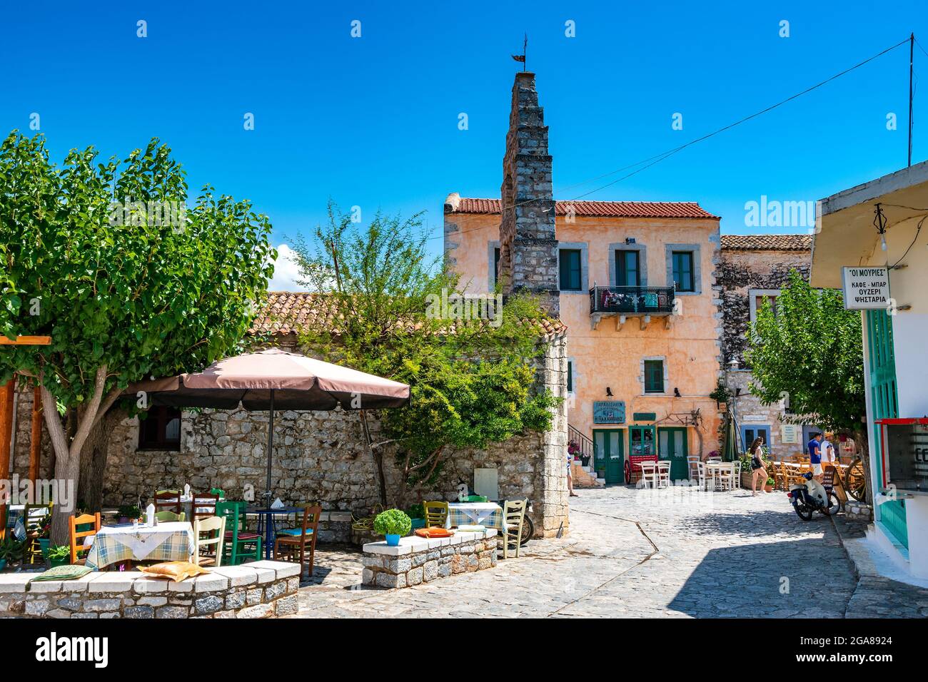 The beautiful town of Areopoli with traditional architectural buildings