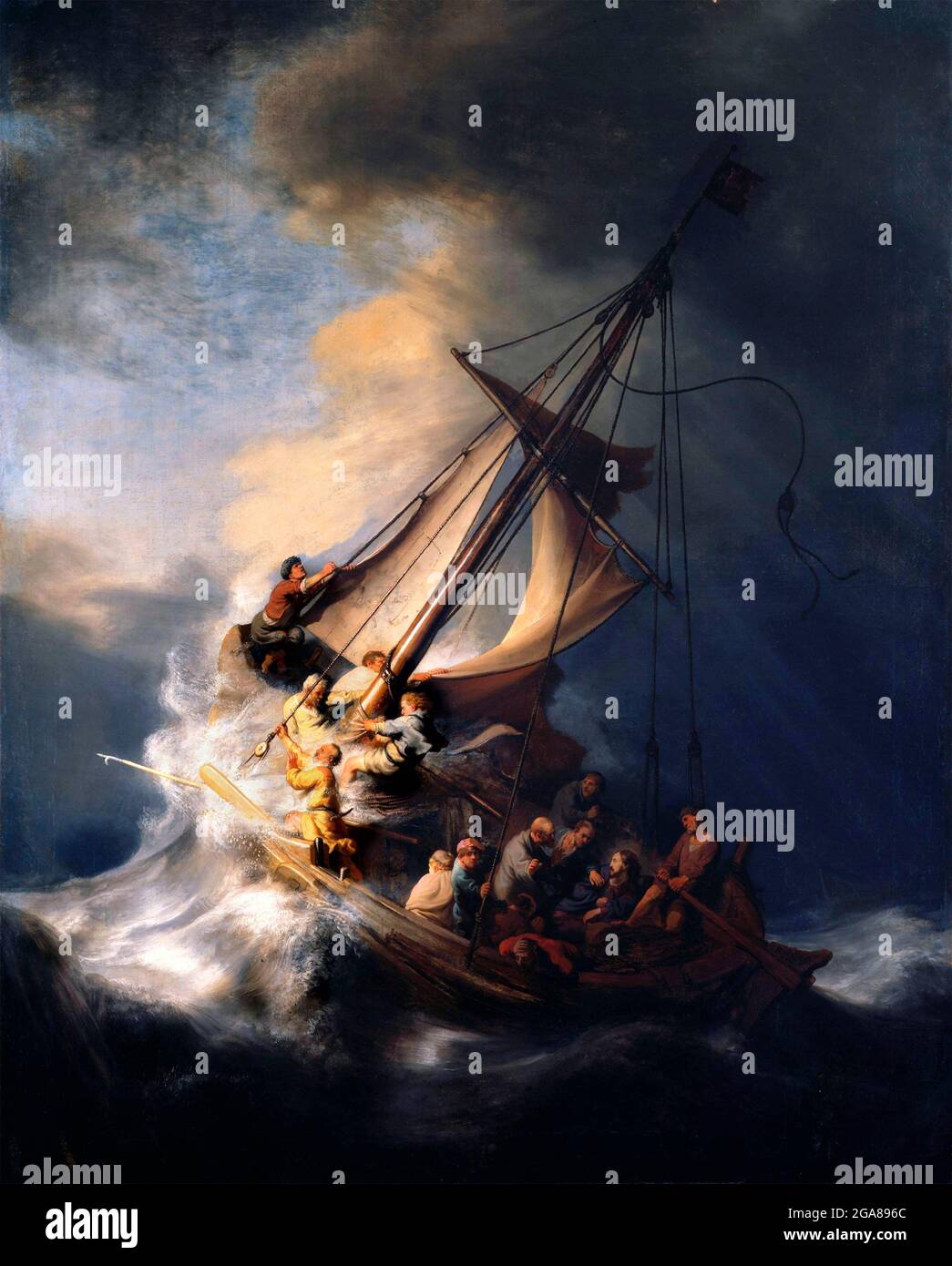 Jesus calms the storm. Rembrandt. Christ in the Storm on the Sea of Galilee by Rembrandt van Rijn (1606-1669), oil on canvas, 1633 Stock Photo
