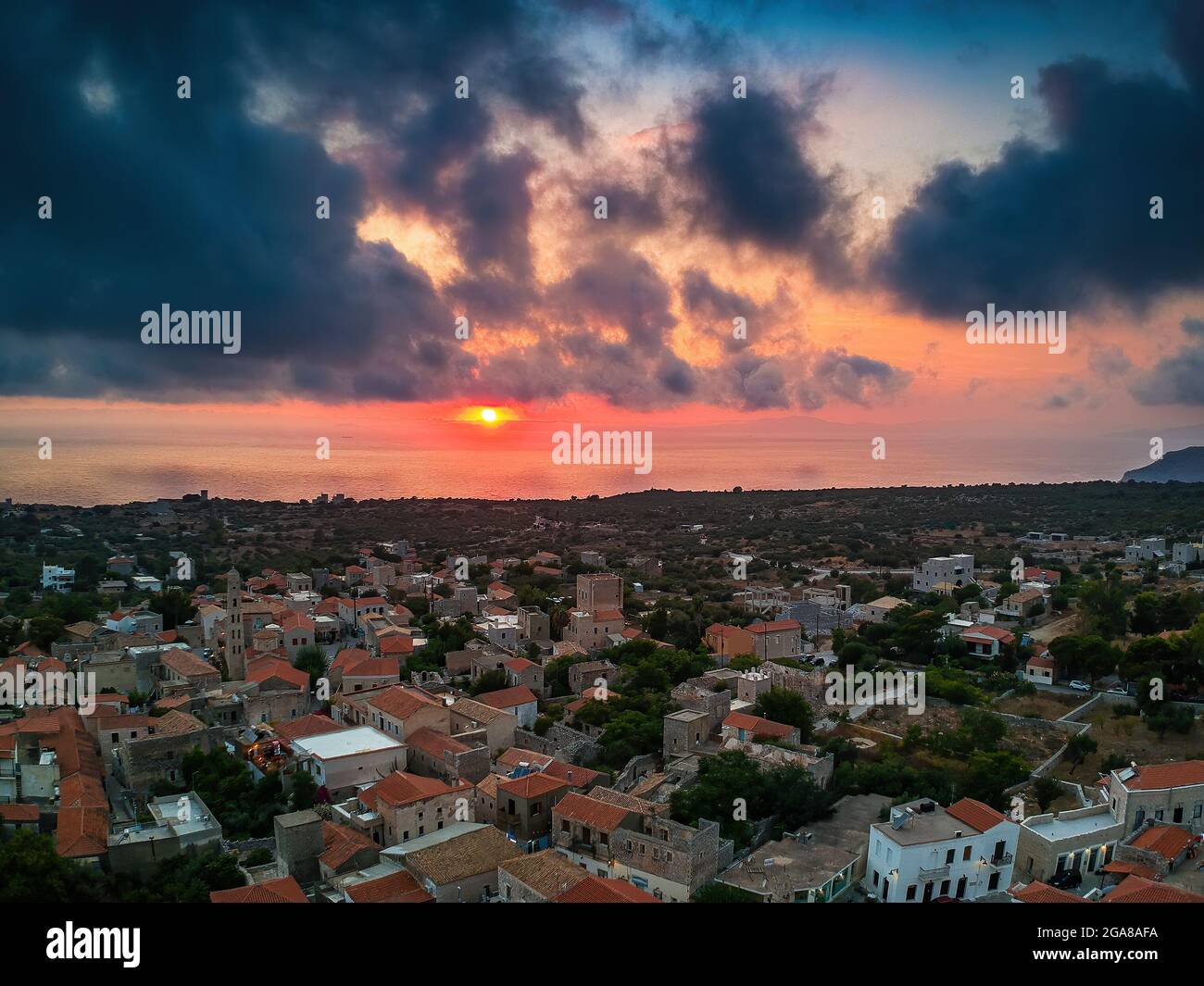 Aerial view of the beautiful seaside town Areopoli with traditional