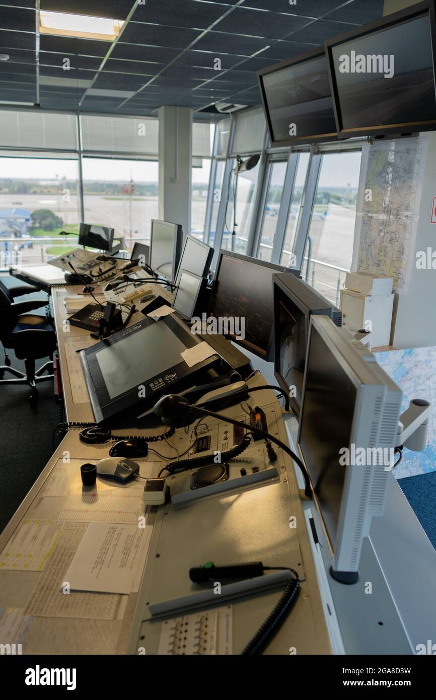 Air traffic controller workplace. Work space of the manager of takeoffs