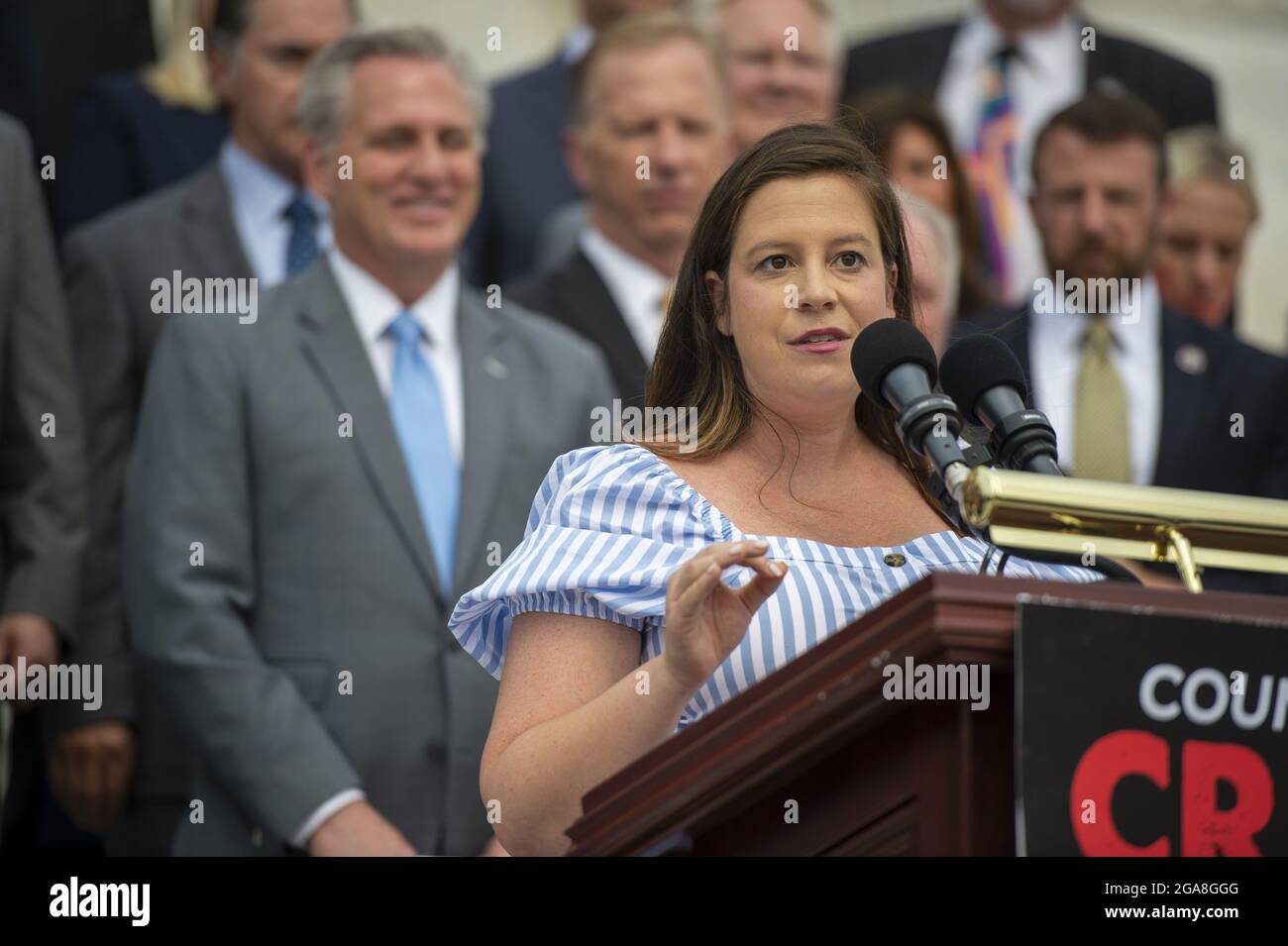 Washington, United States. 29th July, 2021. Republican Conference Chairwoman Elise Stefanik, R-N.Y., speaks during a a news conference with other House Republicans to discuss President Biden and Speaker of the House Nancy Pelosi, D-Calif., before the district work period begins in August at the US Capitol in Washington, DC., on Thursday, July 29, 2021. Photo by Bonnie Cash/UPI Credit: UPI/Alamy Live News Stock Photo