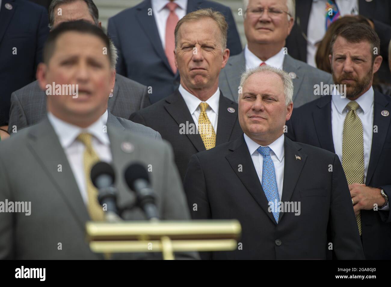 Washington, United States. 29th July, 2021. House Minority Whip Steve Scalise, R-La., R-Calif., looks on as Rep. Tony Gonzales, R-Texas, speaks during a news conference with other House Republicans to discuss President Biden and Speaker of the House Nancy Pelosi, D-Calif., before the district work period begins in August at the US Capitol in Washington, DC., on Thursday, July 29, 2021. Photo by Bonnie Cash/UPI Credit: UPI/Alamy Live News Stock Photo