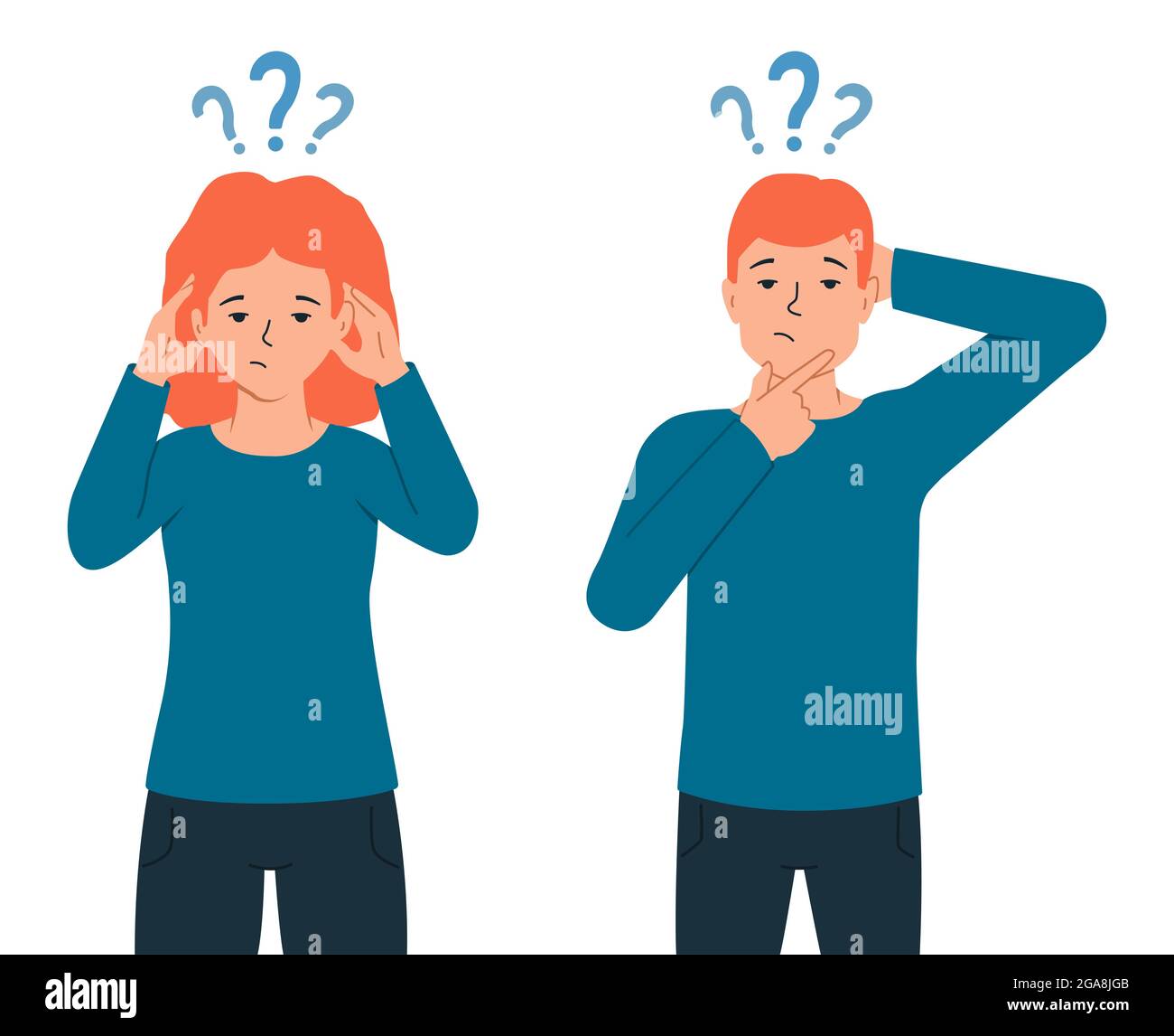 A man and a woman think together, have problems in choosing the right solution, The concept of thinking people. Couple man and woman confused. Vector Stock Vector