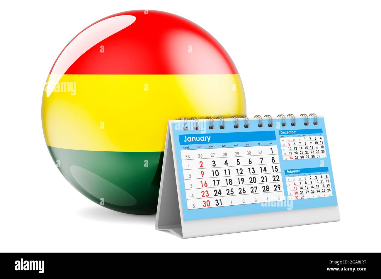Desk calendar with Bolivian flag. 3D rendering isolated on white ...