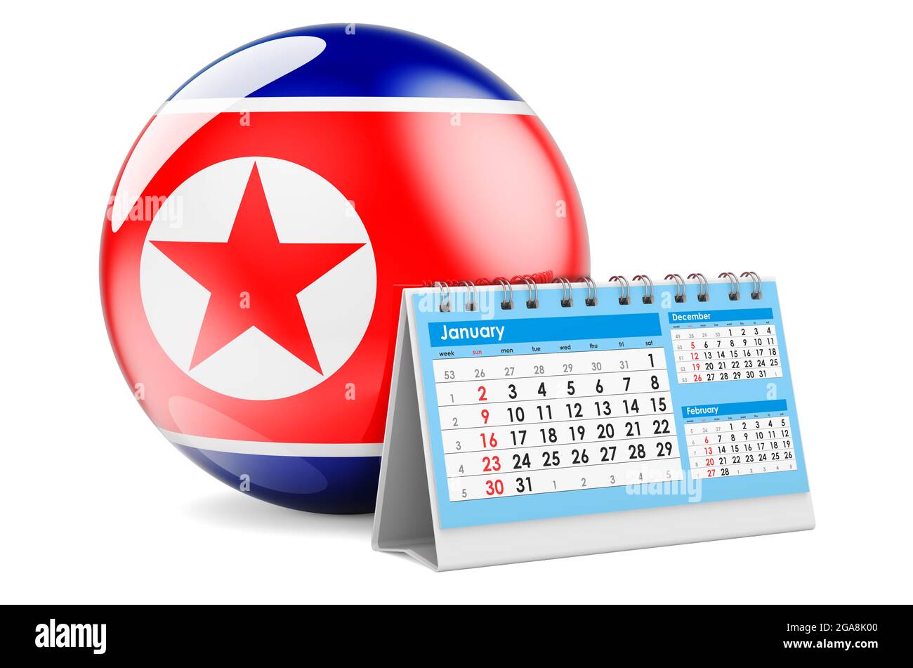 Desk calendar with North Korean flag. 3D rendering isolated on white