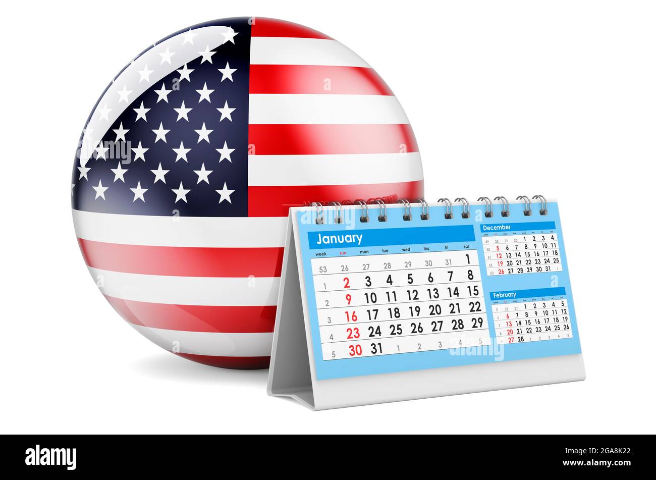 Desk calendar with The United States flag. 3D rendering isolated on
