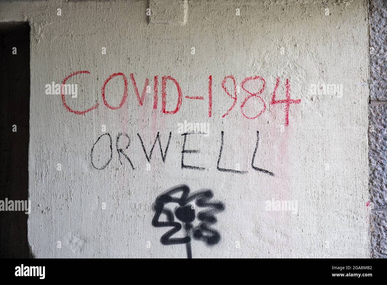 Covid-1984 Orwell. Covid sceptic writing on the wall. Stock Photo
